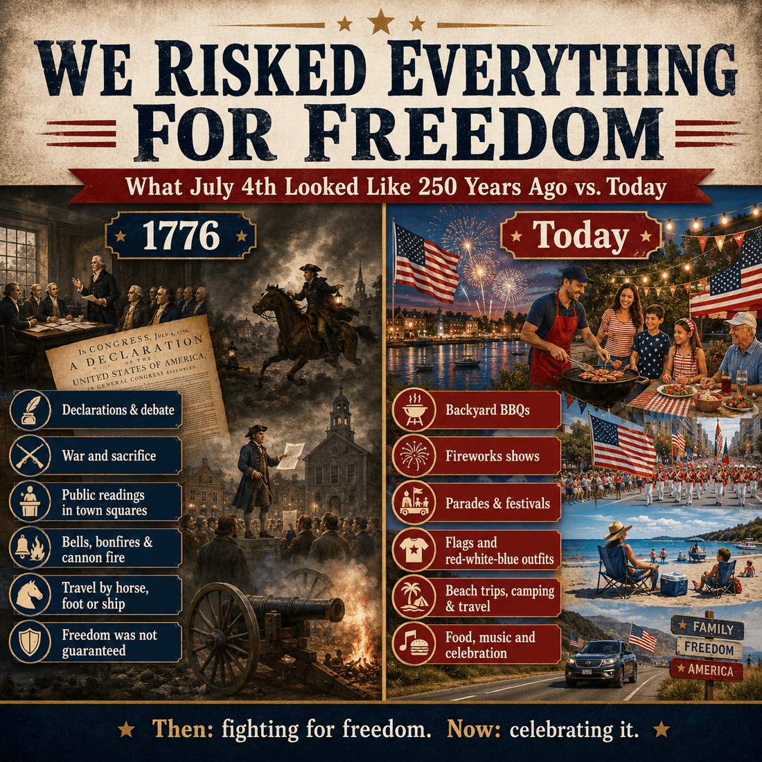 Then vs now — We risked everything for freedom, 1776 vs 2026 Independence Day comparison