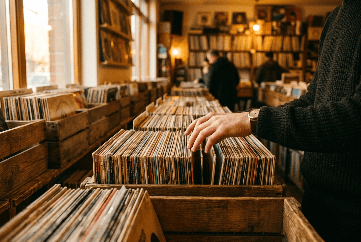 Hands flipping through vinyl records in a vintage record store — albums were an experience | GeloGroove