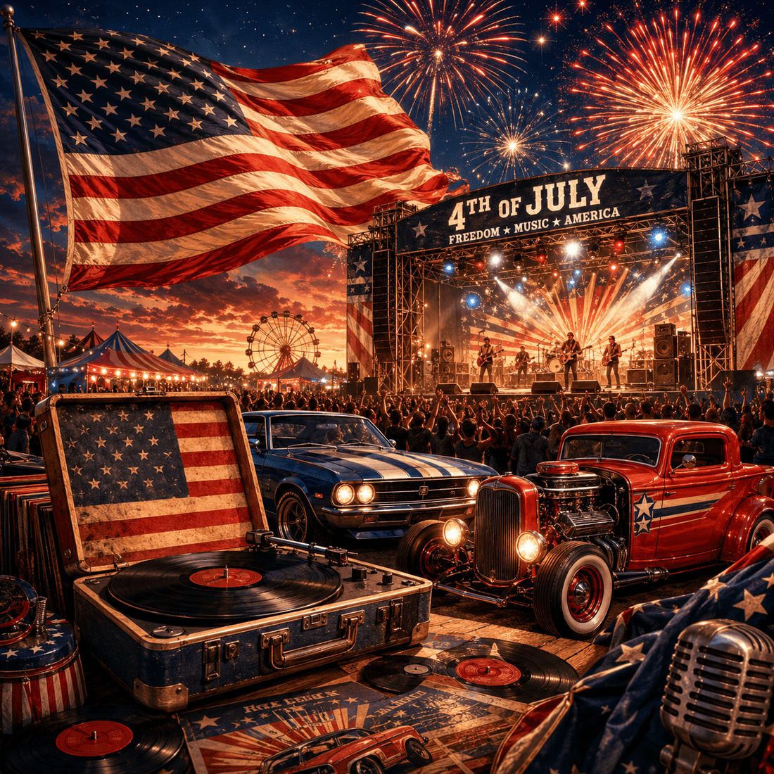 Fireworks lighting up the night sky over a crowd at a 4th of July concert