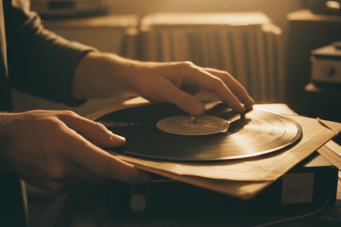 Close up of hands carefully pulling a vinyl record from its sleeve — the collector's ritual