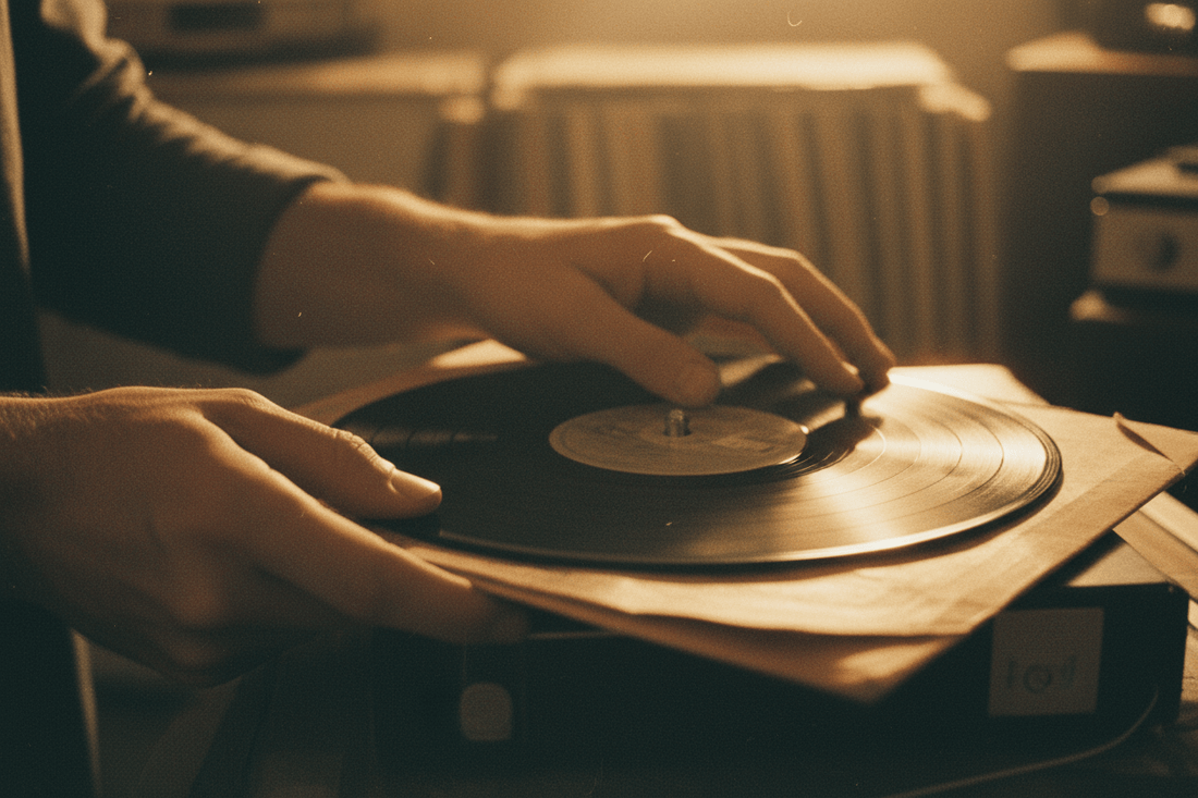 Close up of hands carefully pulling a vinyl record from its sleeve — the collector's ritual