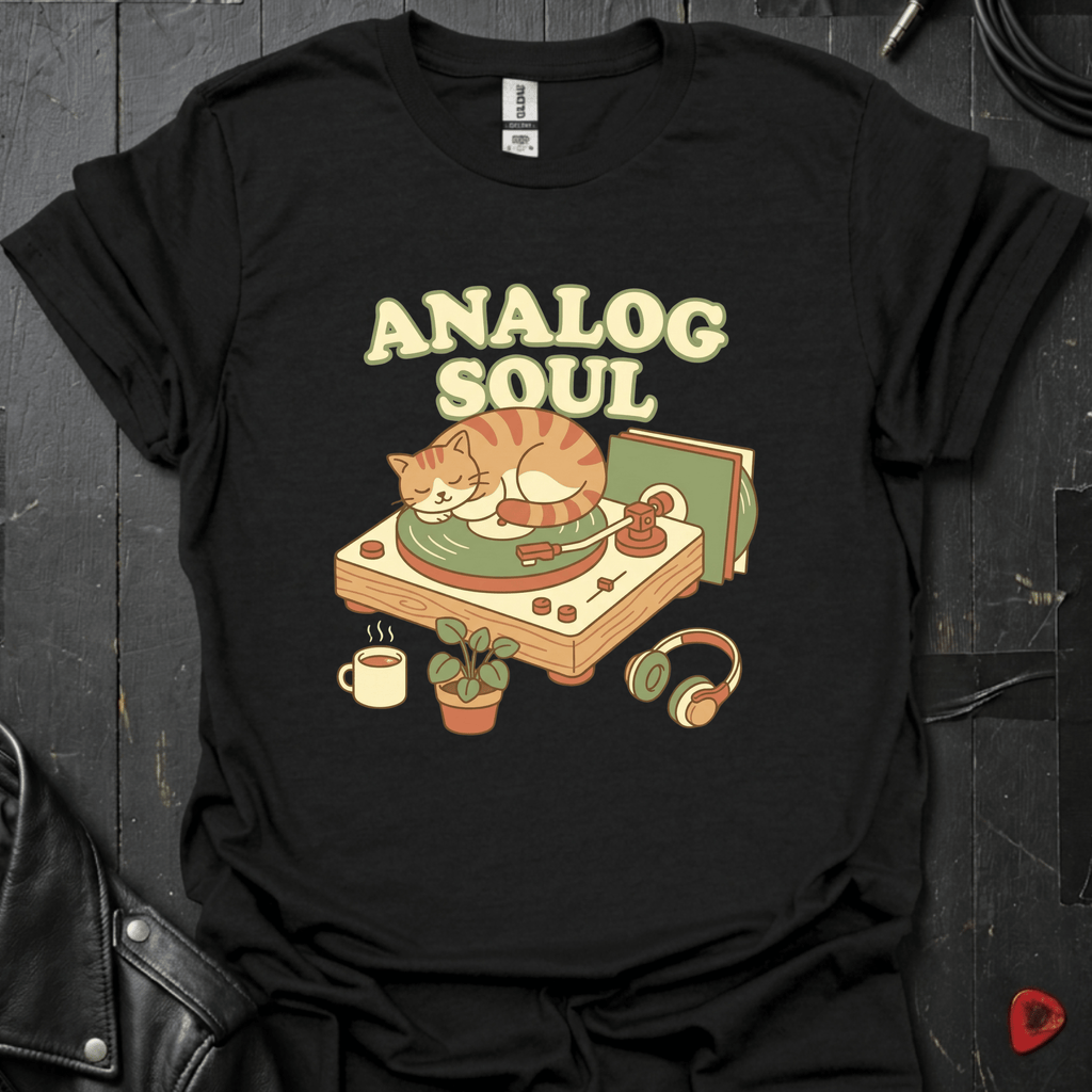 Analog Soul black t-shirt featuring a cat lying on a record player — indie retro music apparel by GeloGroove