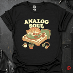 Analog Soul black t-shirt featuring a cat lying on a record player — indie retro music apparel by GeloGroove