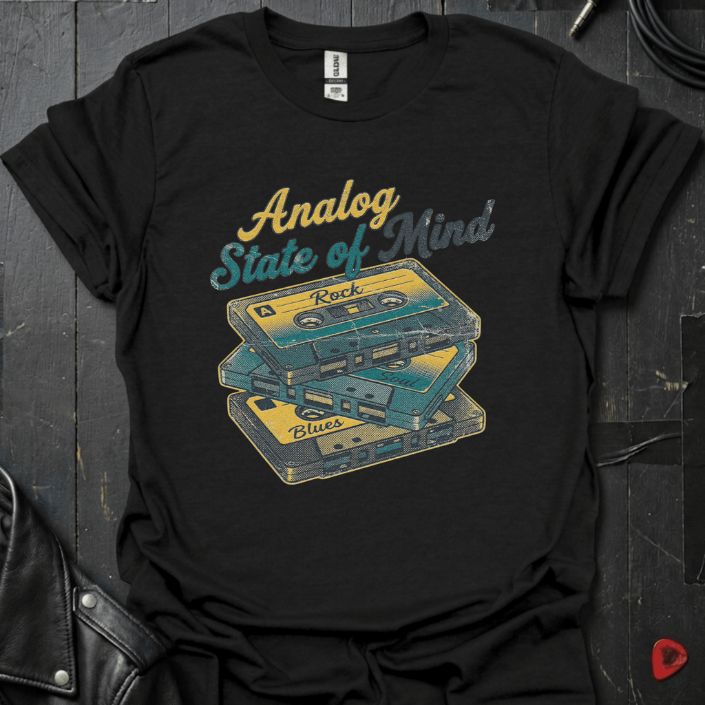 Analog State of Mind black t-shirt featuring three stacked mixtapes design — retro music apparel by GeloGroove