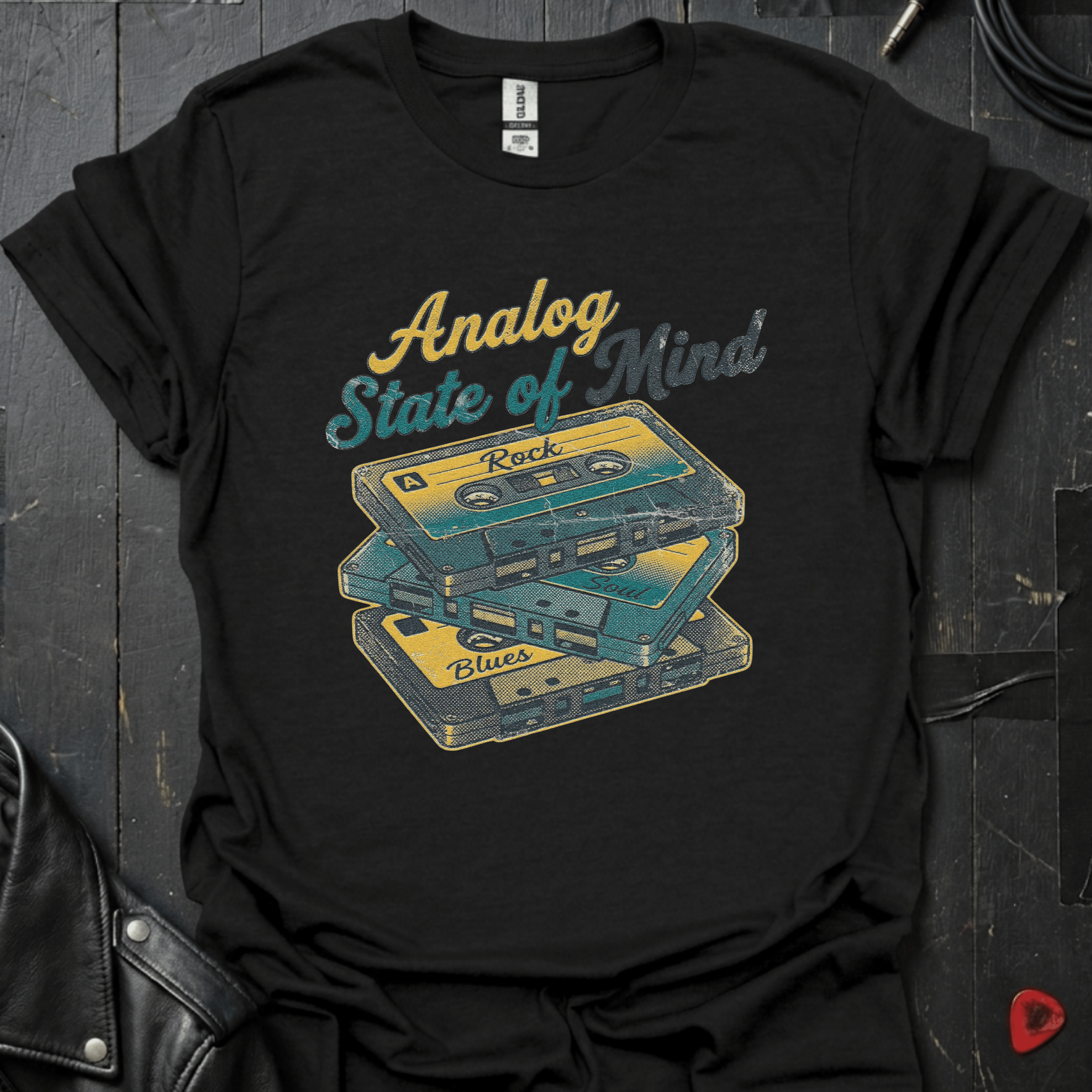 Analog State of Mind black t-shirt featuring three stacked mixtapes design — retro music apparel by GeloGroove