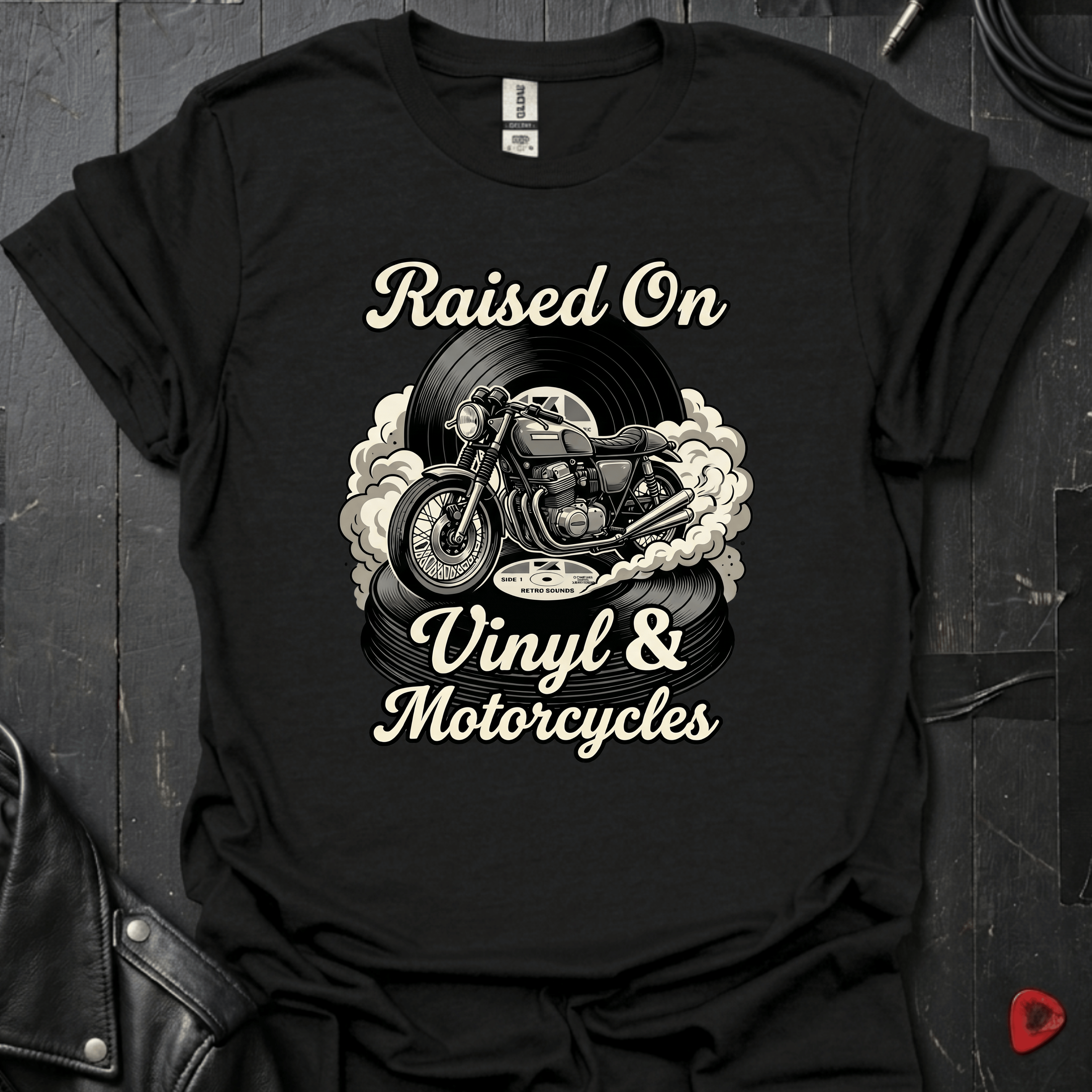 Vinyl & Motorcycles T-Shirt | Vinyl And Biker Music Tee - Black - T-Shirt