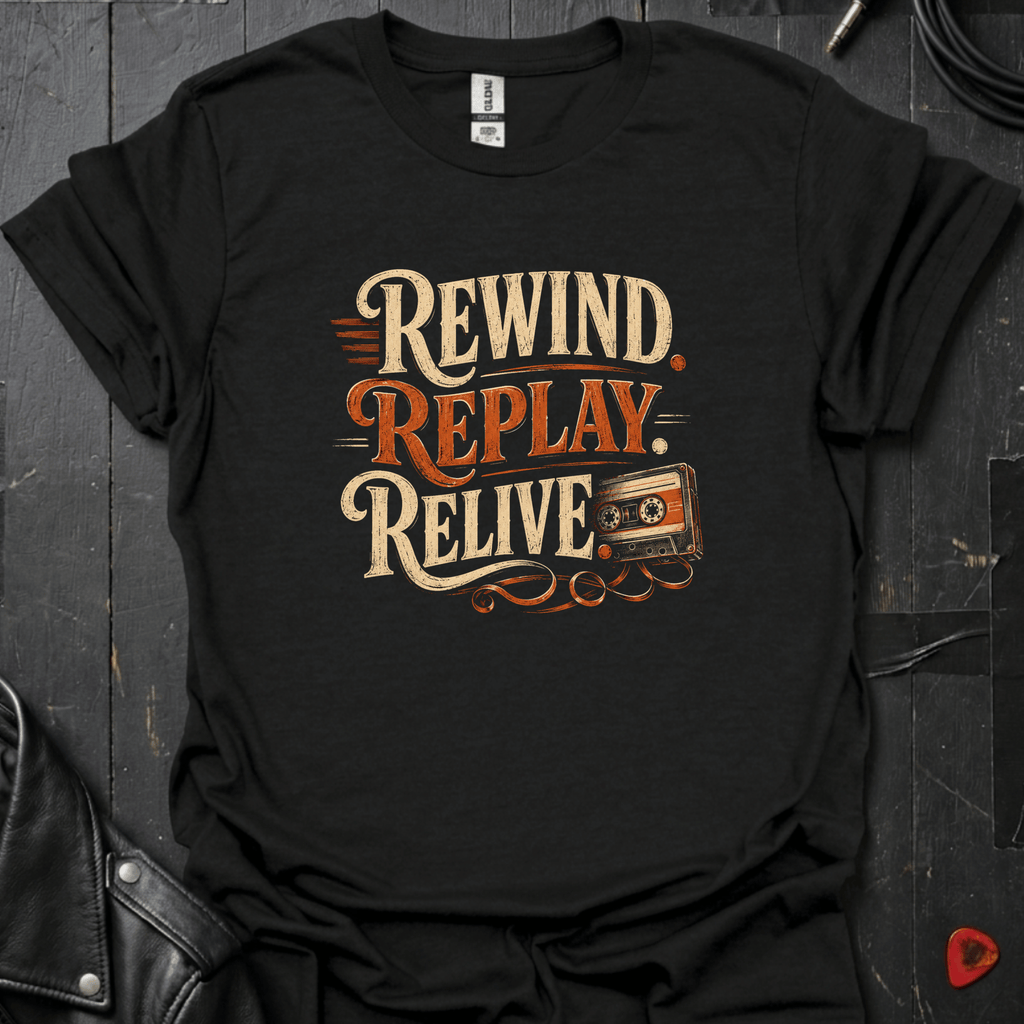 Rewind Replay Relive T-Shirt | Retro Cassette Tee - Black - T-Shirt