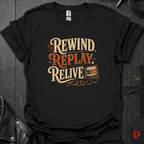 Rewind Replay Relive T-Shirt | Retro Cassette Tee - Black - T-Shirt