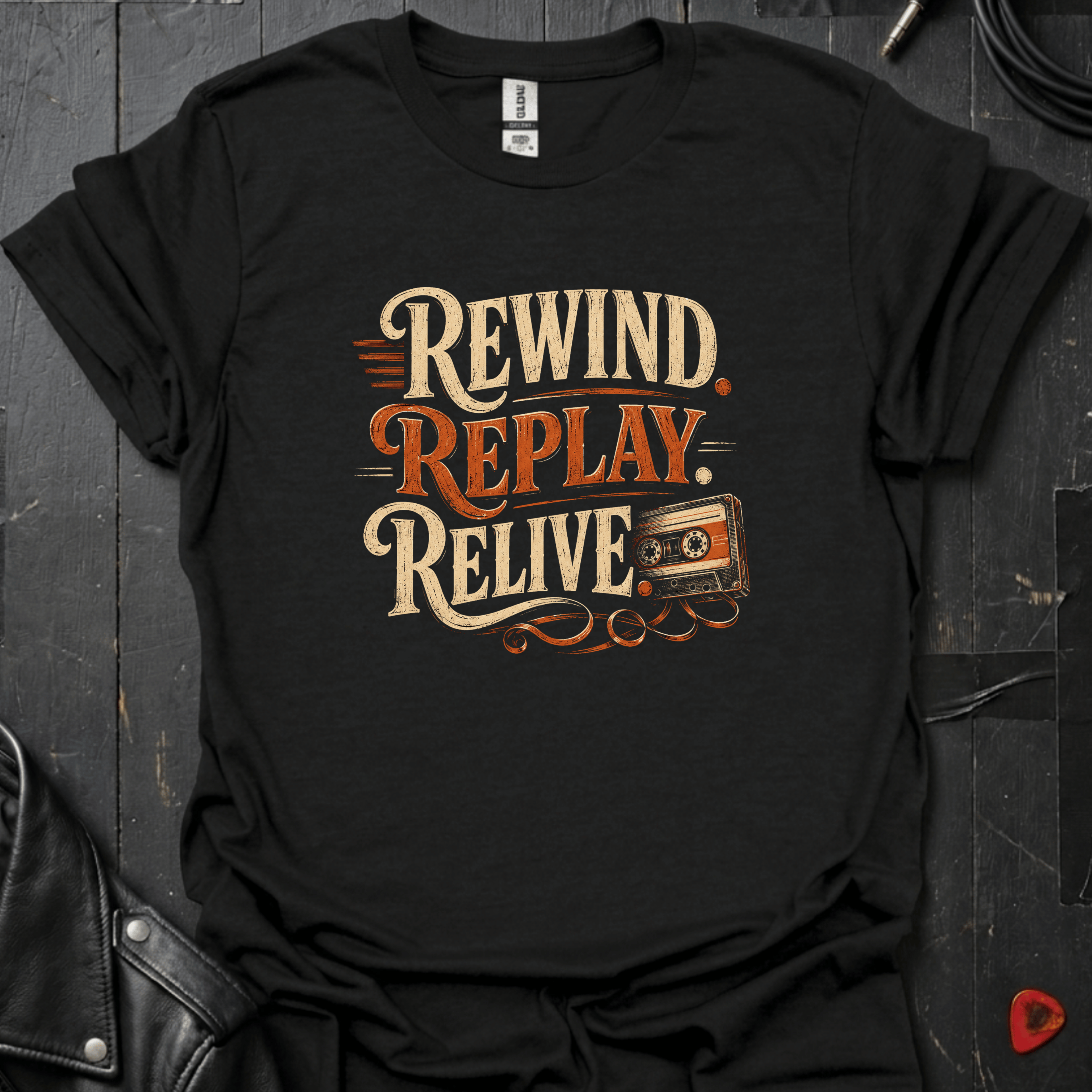 Rewind Replay Relive T-Shirt | Retro Cassette Tee - Black - T-Shirt