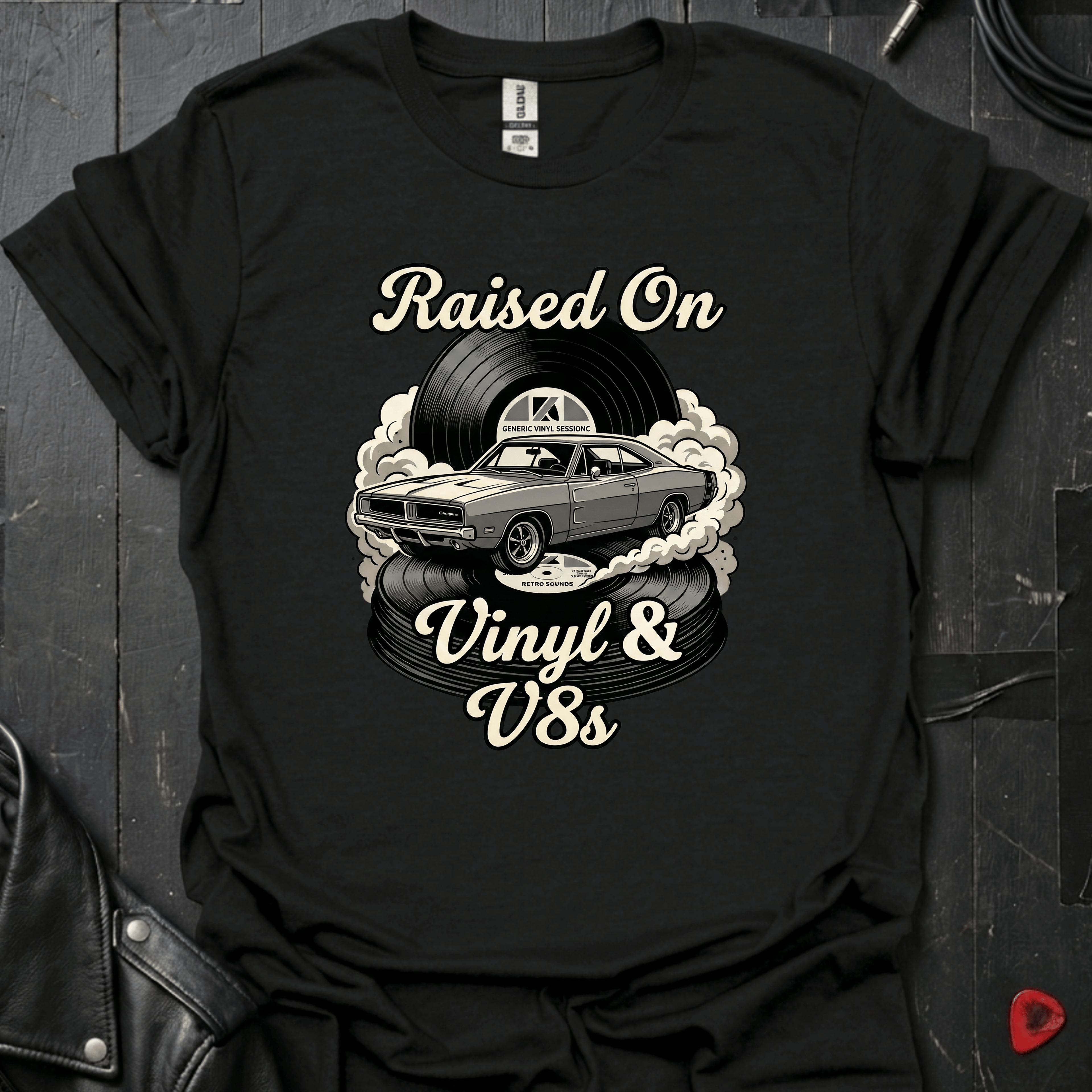 Vinyl And V8s T-Shirt | Classic Car And Vinyl Music Tee - Black - T-Shirt