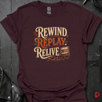 Rewind Replay Relive T-Shirt | Retro Cassette Tee - Dark Chocolate - T-Shirt
