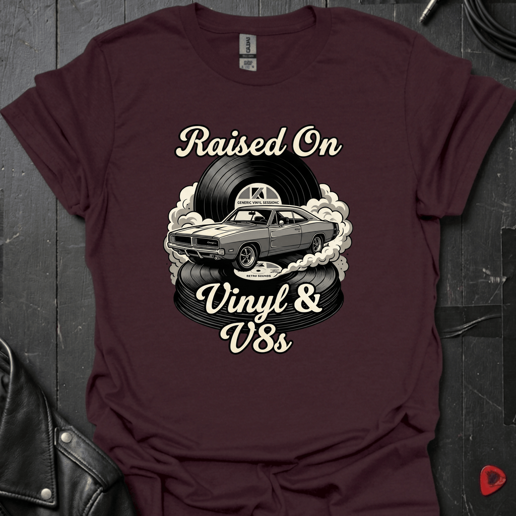 Vinyl And V8s T-Shirt | Classic Car And Vinyl Music Tee - Dark Chocolate - T-Shirt