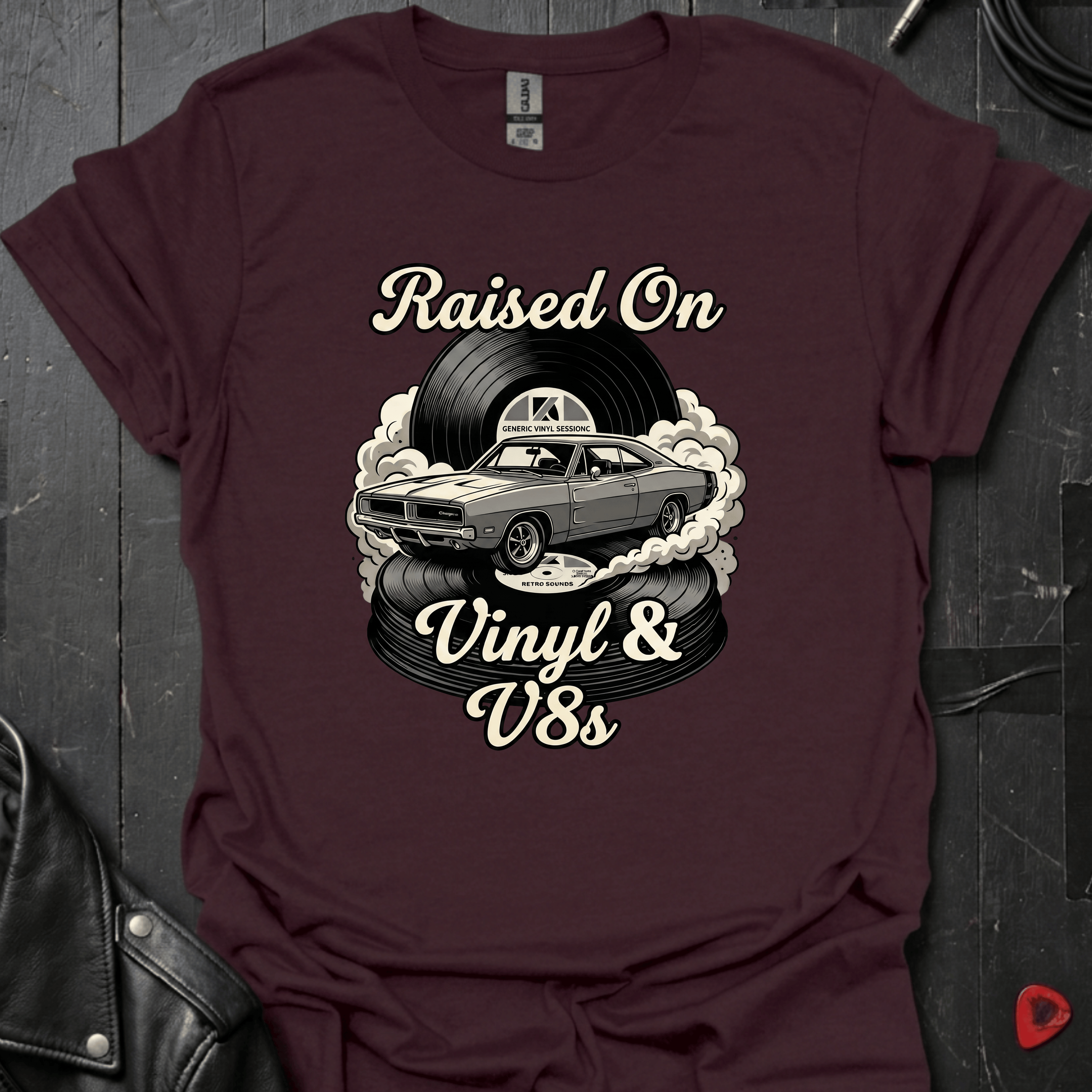 Vinyl And V8s T-Shirt | Classic Car And Vinyl Music Tee - Dark Chocolate - T-Shirt