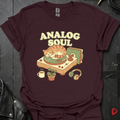 Analog Soul dark chocolate brown t-shirt featuring a cat lying on a record player — indie retro music apparel by GeloGroove