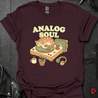 Analog Soul dark chocolate brown t-shirt featuring a cat lying on a record player — indie retro music apparel by GeloGroove