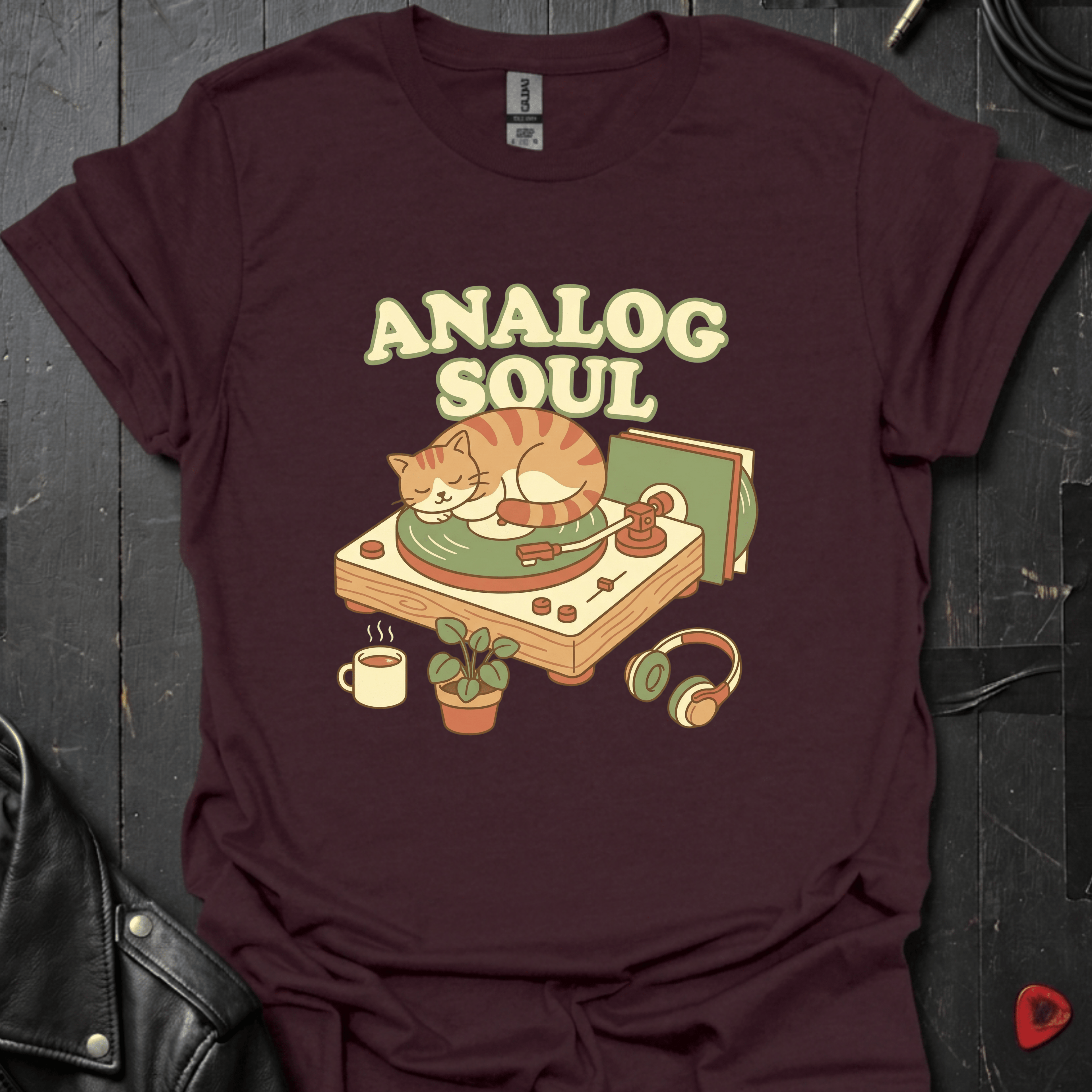 Analog Soul dark chocolate brown t-shirt featuring a cat lying on a record player — indie retro music apparel by GeloGroove