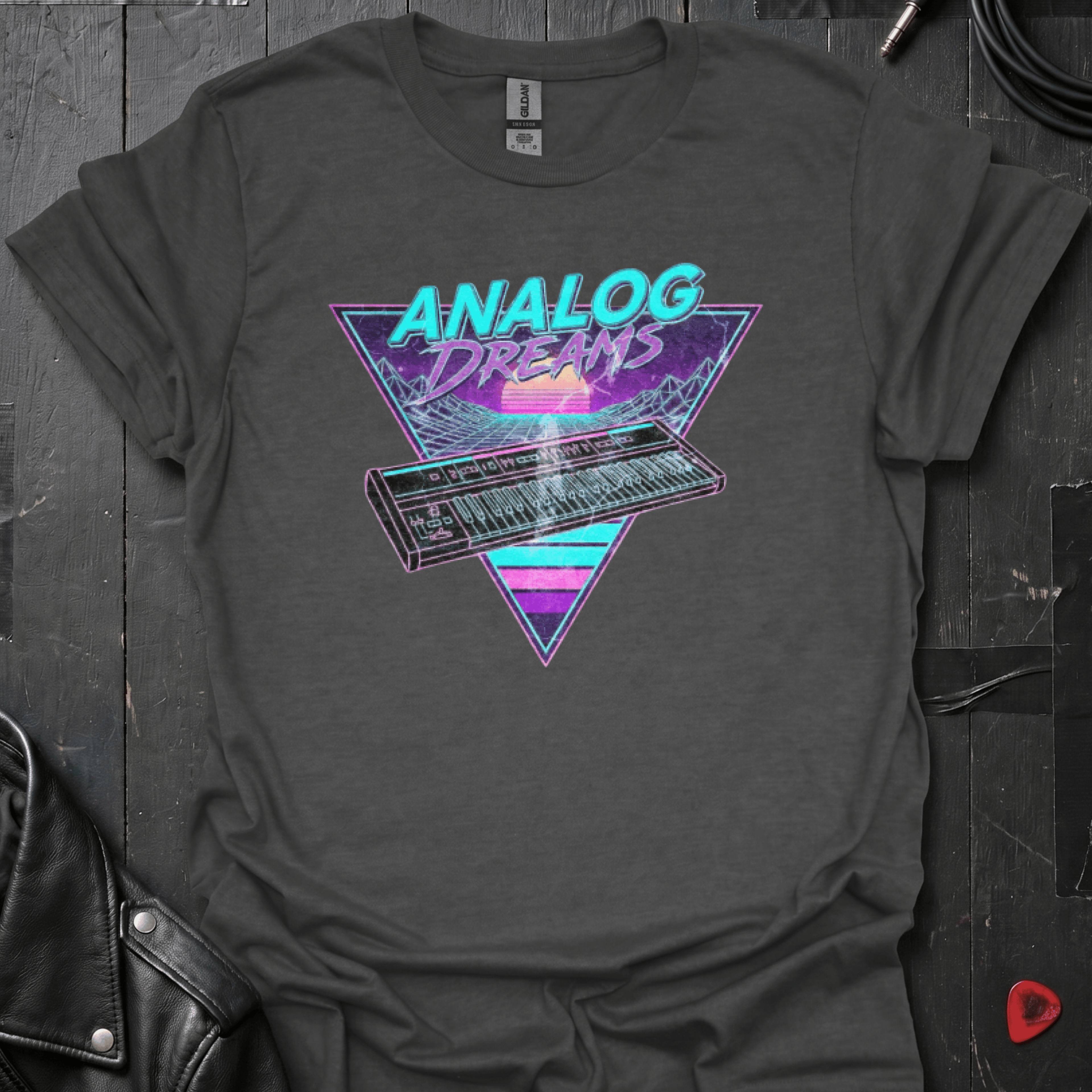 Retro Synthwave Keyboard T-Shirt - Dark Heather - T-Shirt