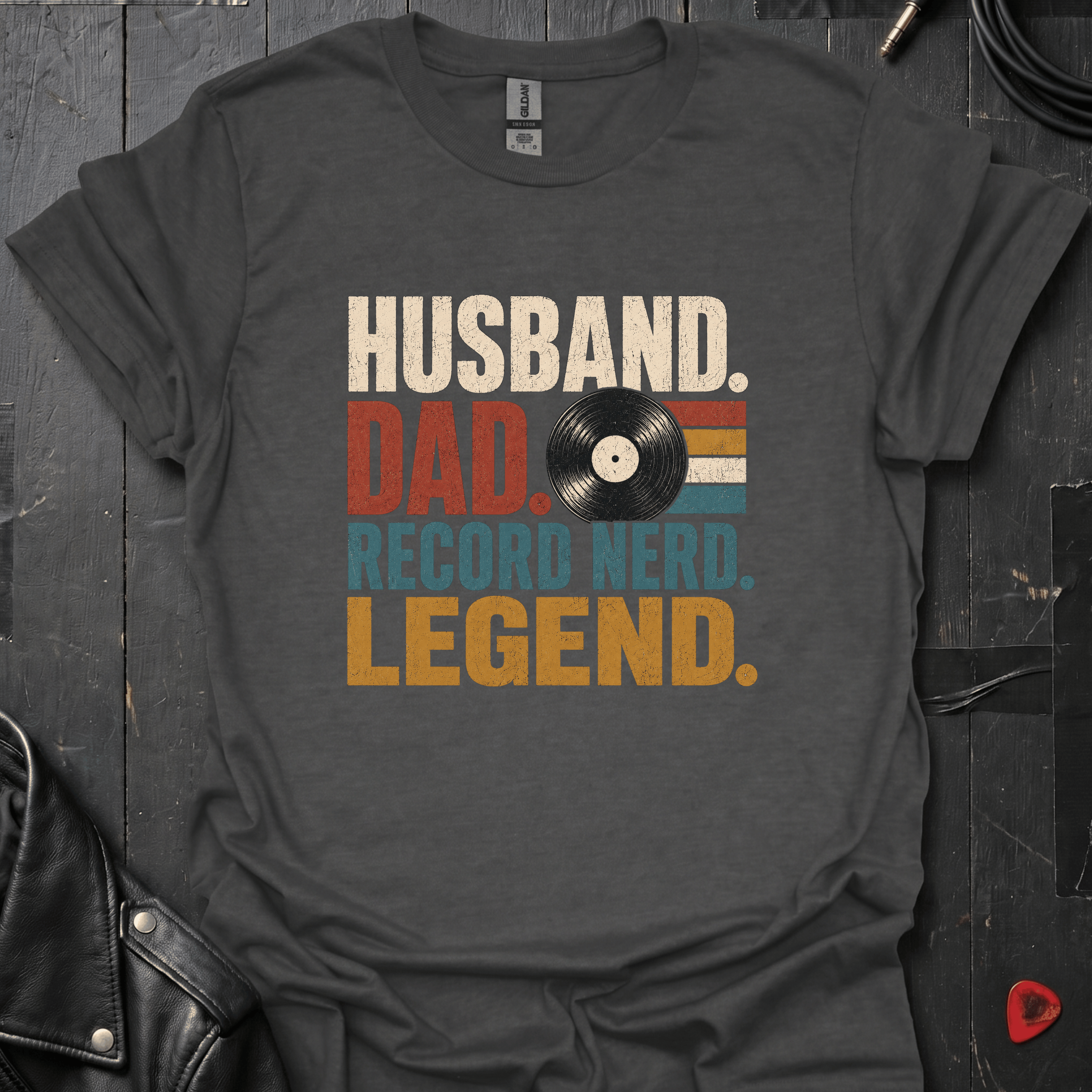 Husband Dad Record Nerd Legend T-Shirt | Vinyl Dad Tee - Dark Heather - T-Shirt