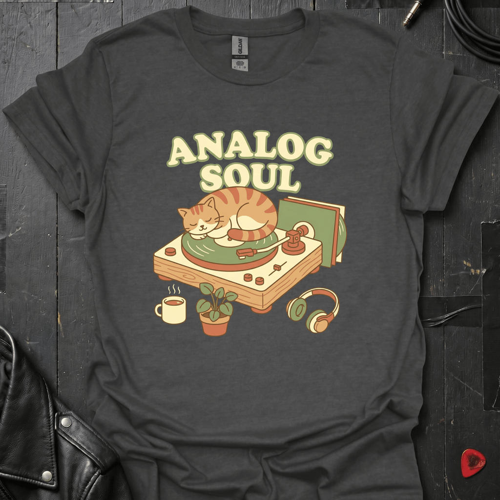 Analog Soul Dark Heather t-shirt featuring a cat lying on a record player — indie retro music apparel by GeloGroove