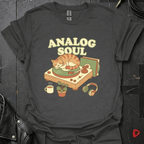 Analog Soul Dark Heather t-shirt featuring a cat lying on a record player — indie retro music apparel by GeloGroove
