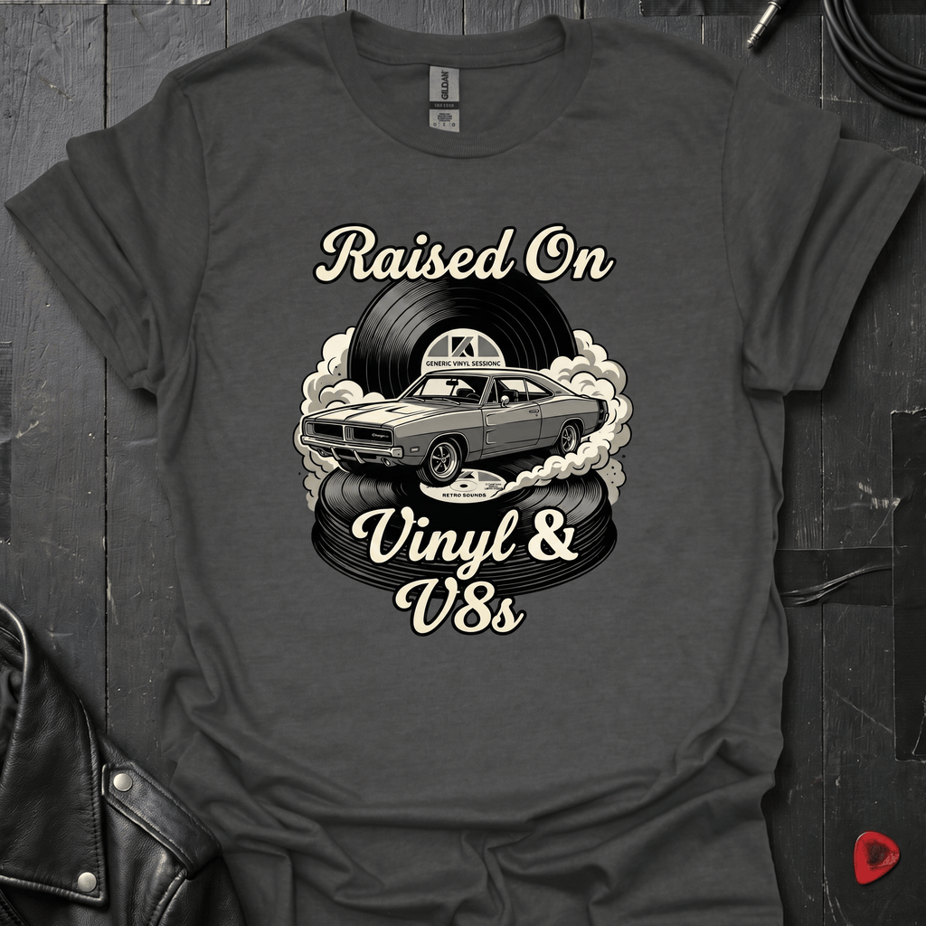 Vinyl And V8s T-Shirt | Classic Car And Vinyl Music Tee - Dark Heather - T-Shirt