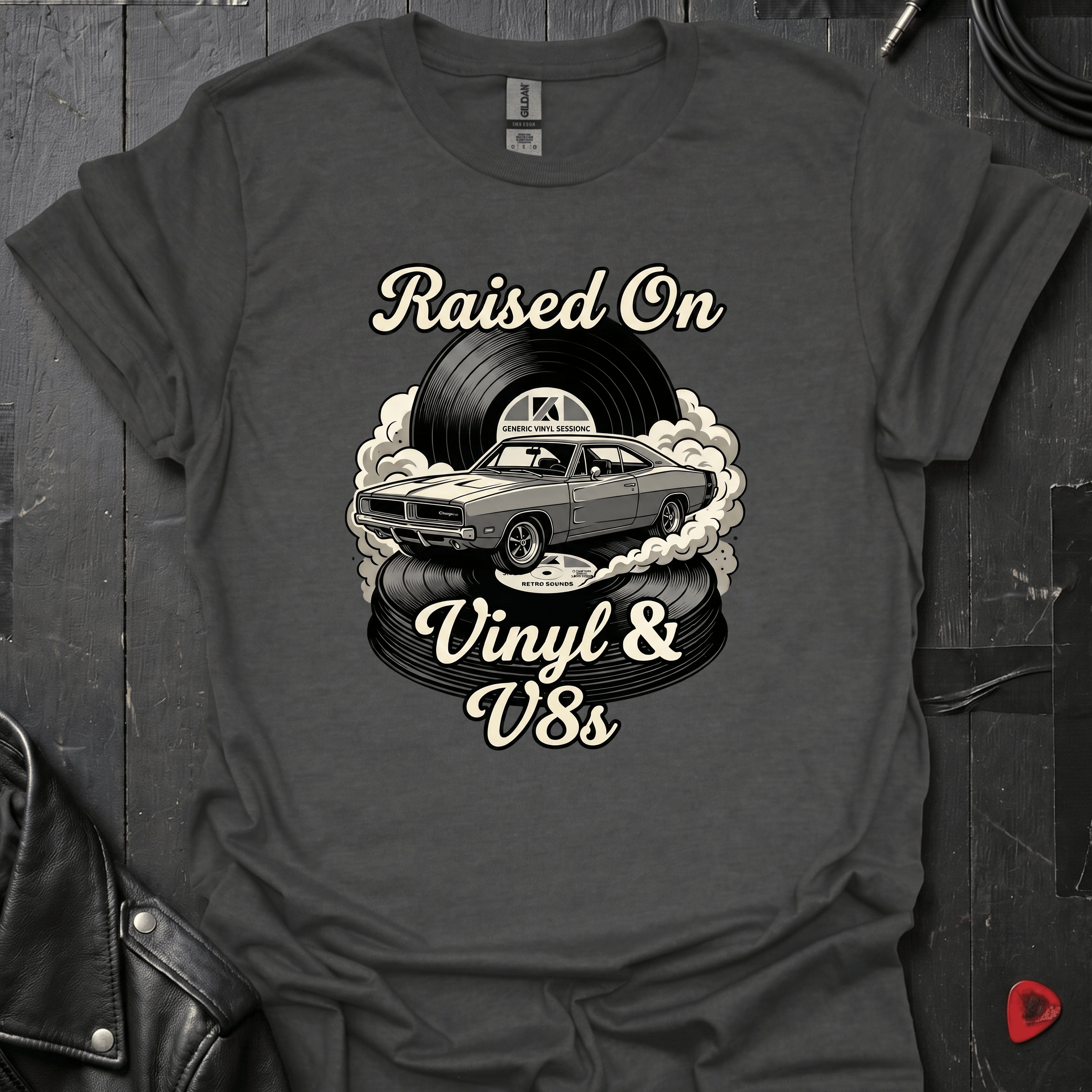 Vinyl And V8s T-Shirt | Classic Car And Vinyl Music Tee - Dark Heather - T-Shirt
