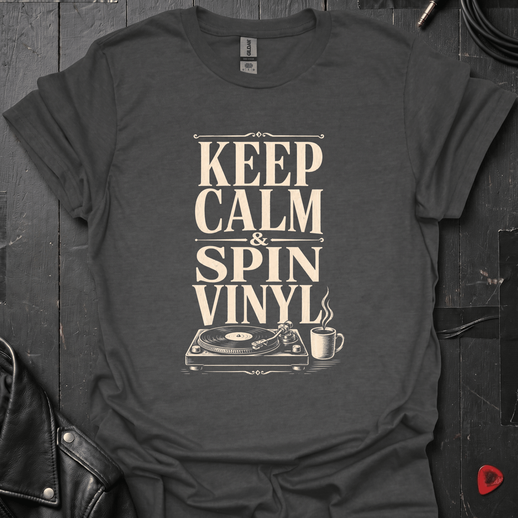Keep Calm Spin Vinyl T-Shirt - Dark Heather - T-Shirt