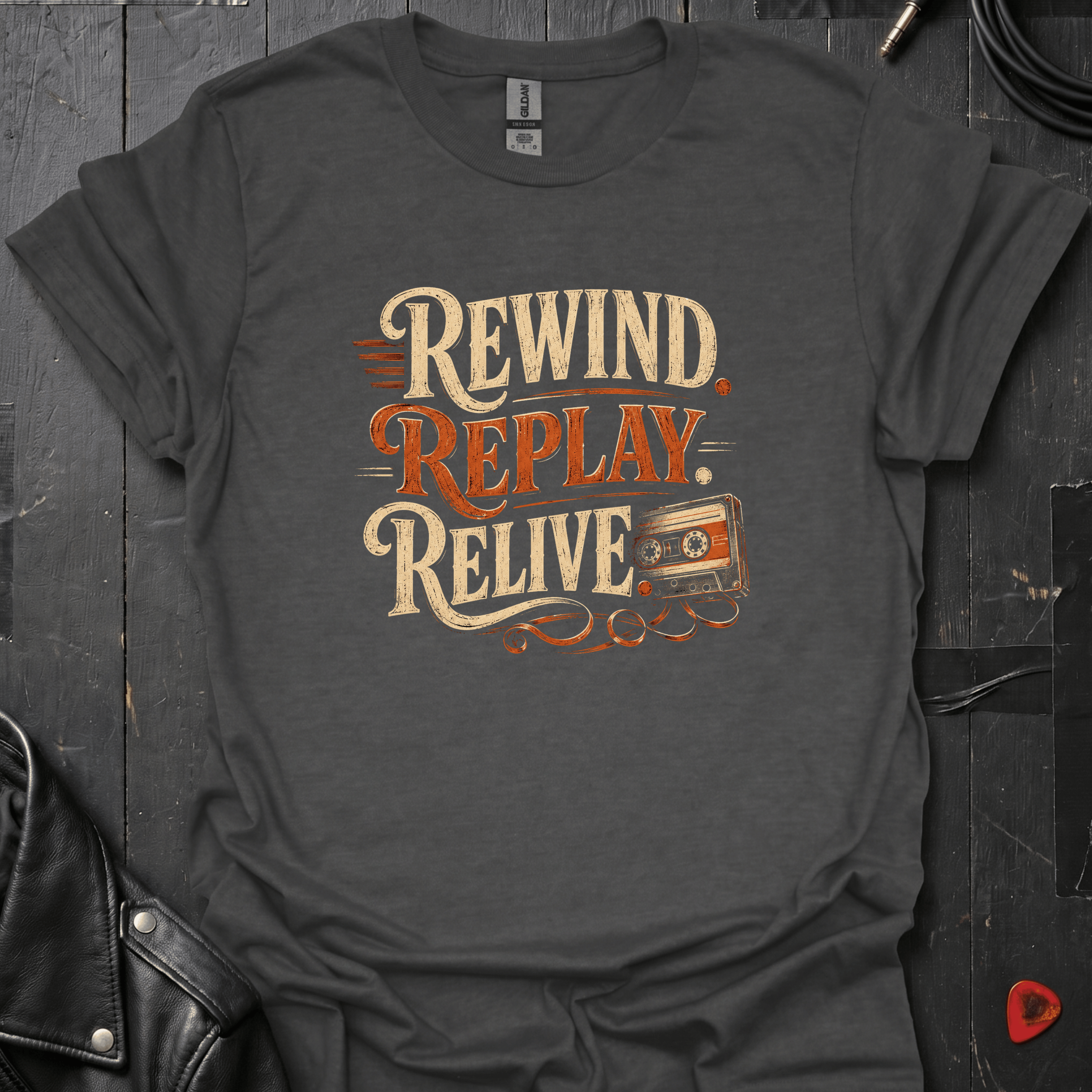 Rewind Replay Relive T-Shirt | Retro Cassette Tee - Dark Heather - T-Shirt