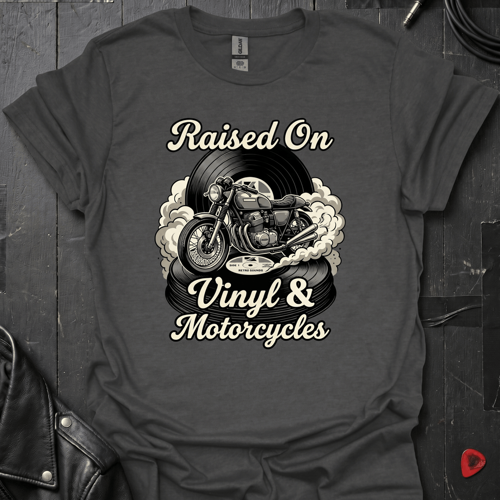 Vinyl & Motorcycles T-Shirt | Vinyl And Biker Music Tee - Dark Heather - T-Shirt