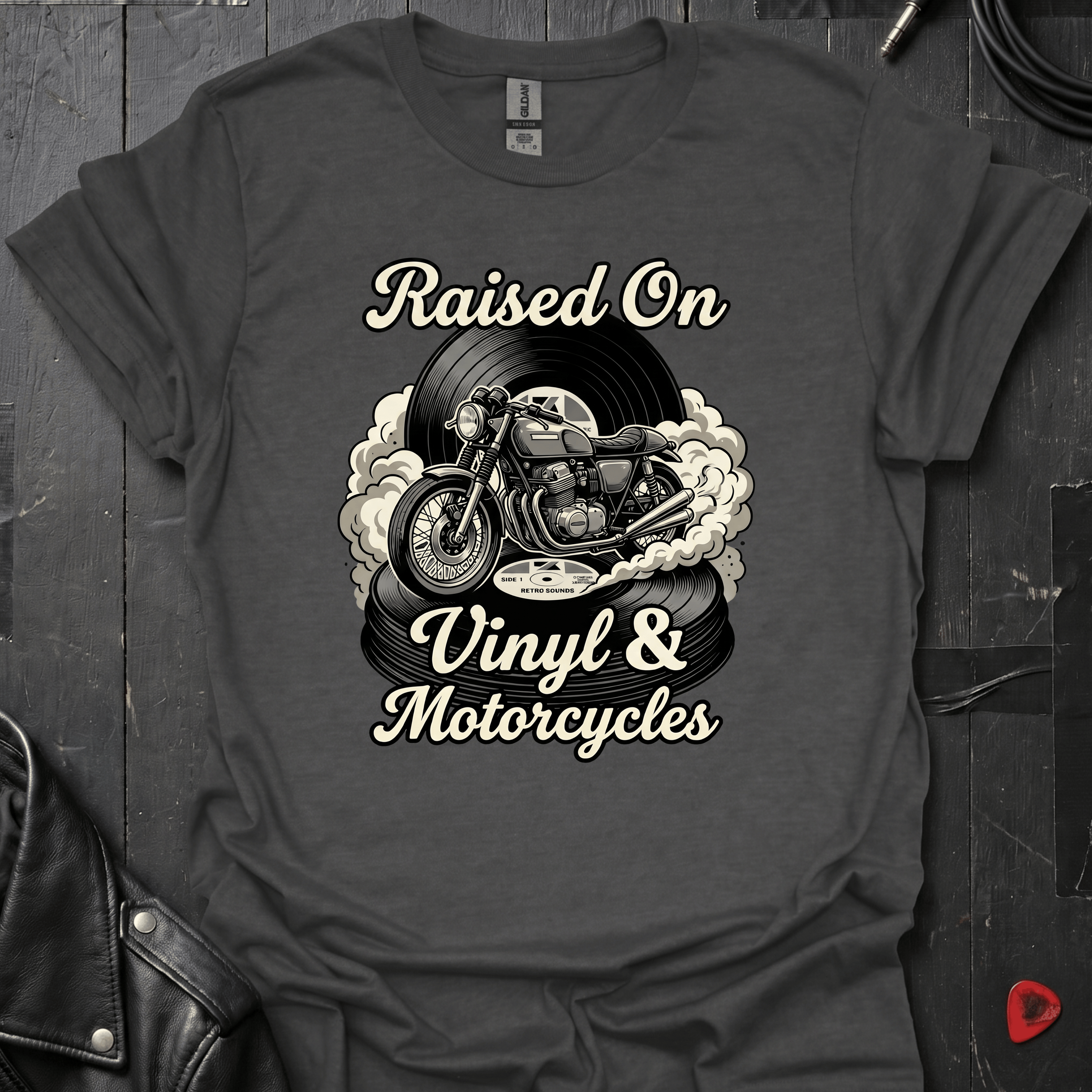 Vinyl & Motorcycles T-Shirt | Vinyl And Biker Music Tee - Dark Heather - T-Shirt