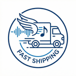 Logo with a truck, wing, sound wave, and musical note with 'Fast Shipping' text.