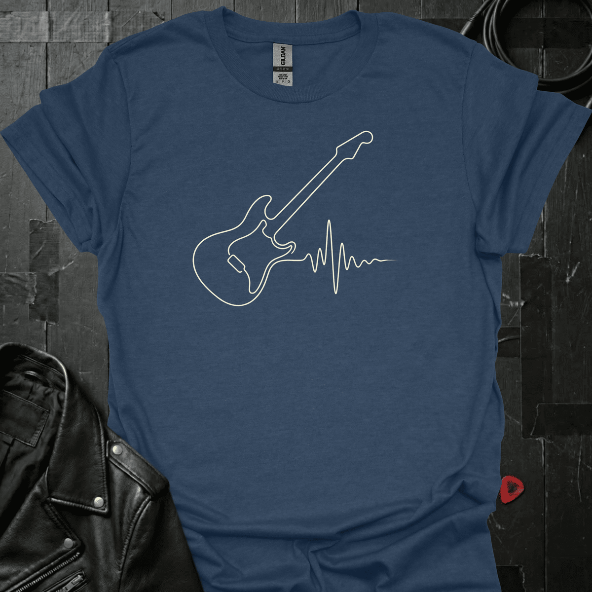 Guitar Heartbeat T-Shirt - Heather Navy - T-Shirt