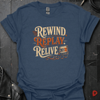 Rewind Replay Relive T-Shirt | Retro Cassette Tee - Heather Navy - T-Shirt