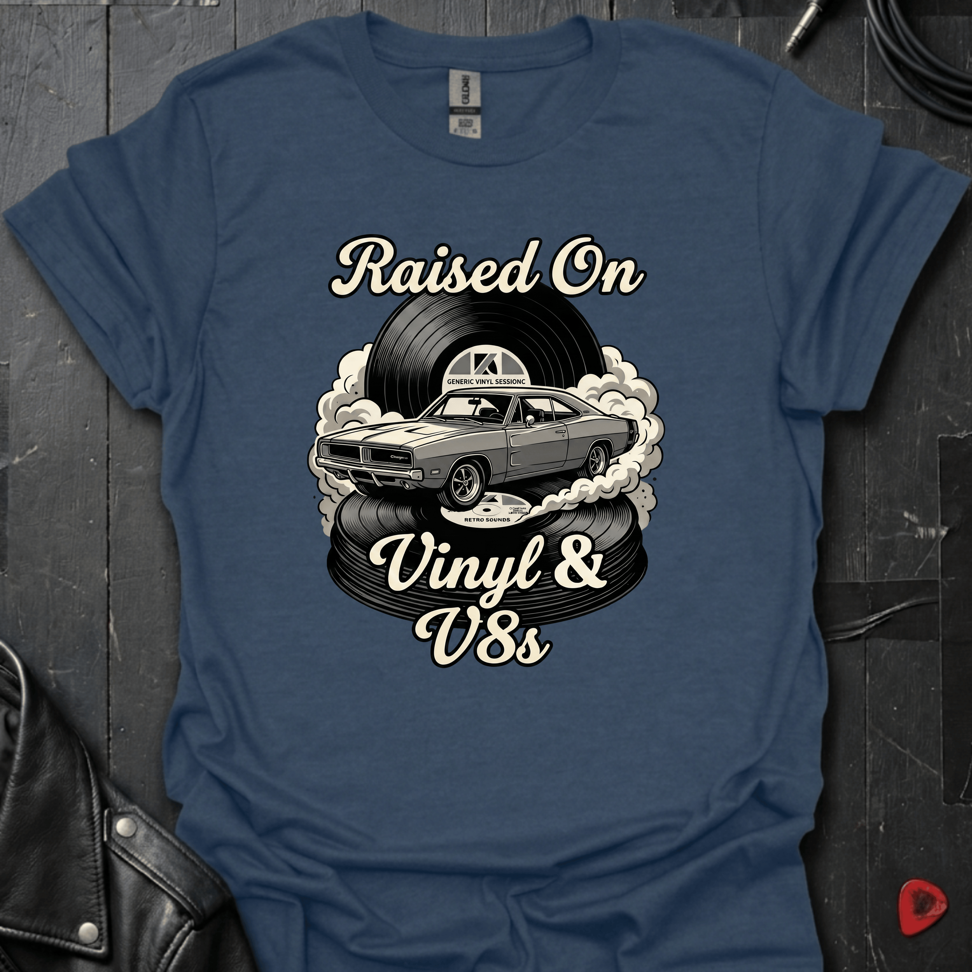Vinyl And V8s T-Shirt | Classic Car And Vinyl Music Tee - Heather Navy - T-Shirt