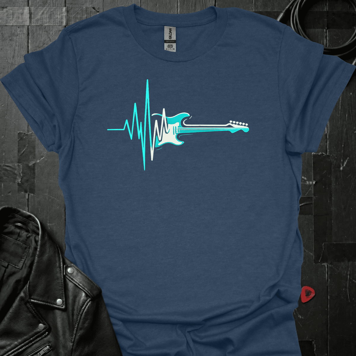 Heartbeat Guitar T-Shirt - Heather Navy - T-Shirt