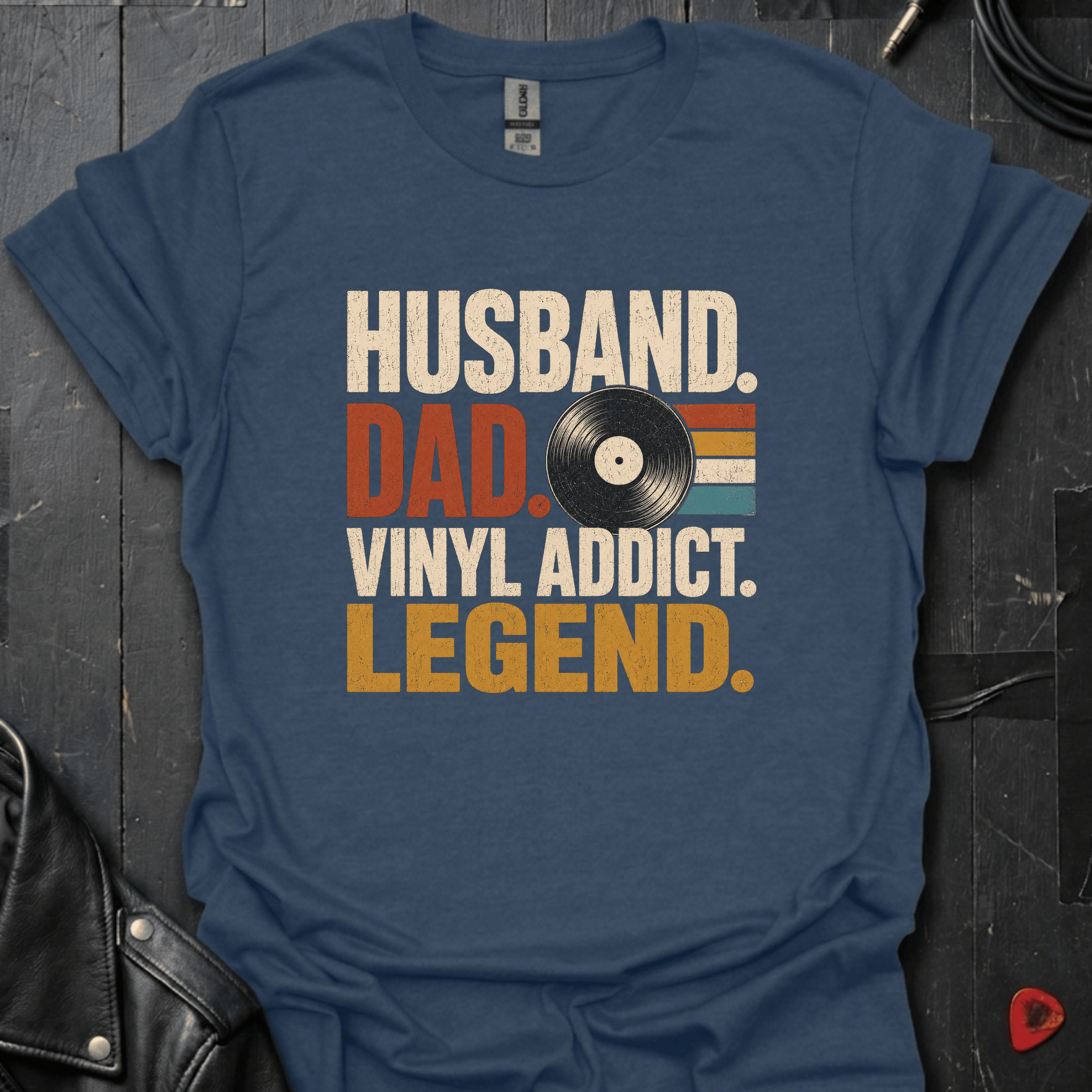 Vinyl Addict Dad T-Shirt | Record Lover Dad Tee - Heather Navy - T-Shirt