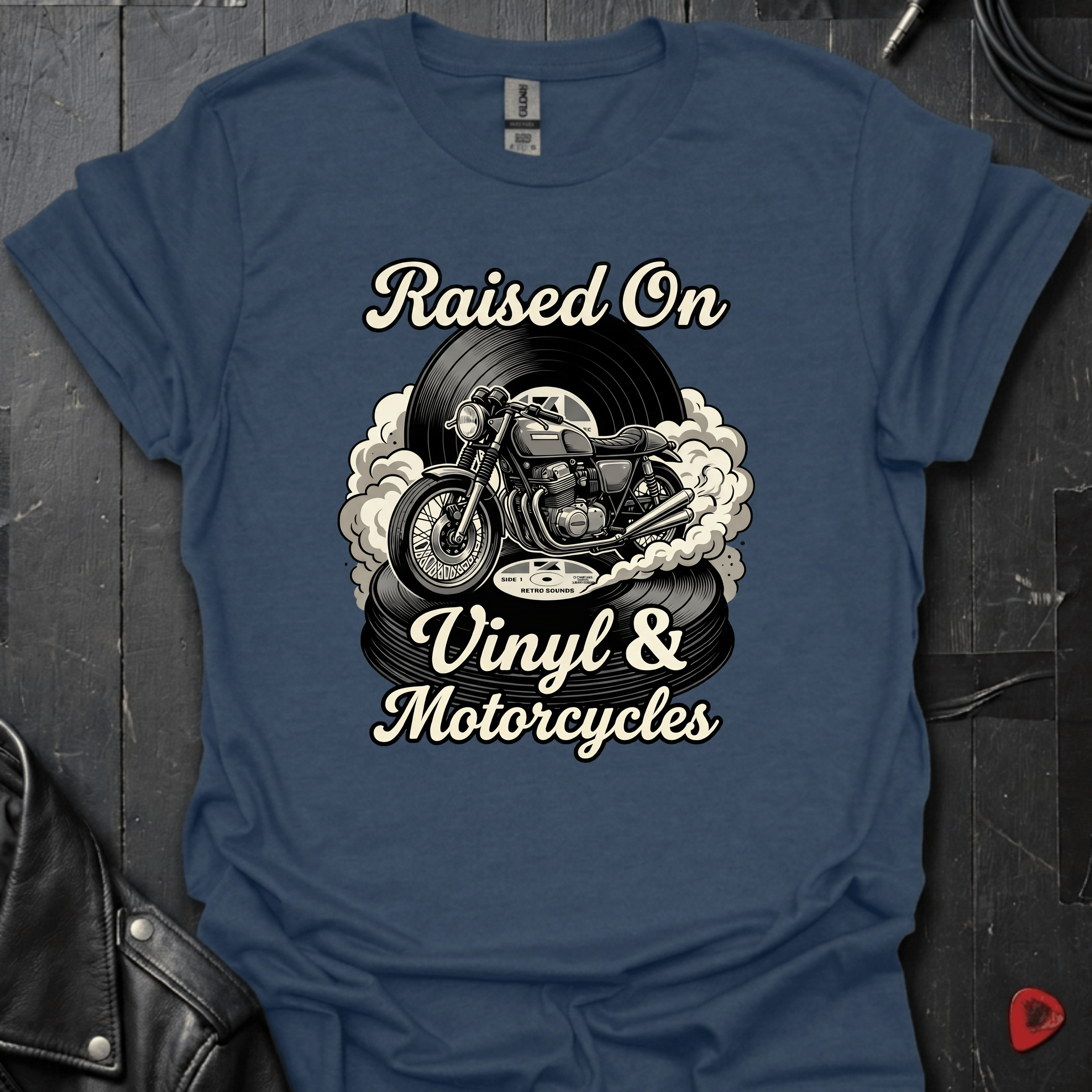 Vinyl & Motorcycles T-Shirt | Vinyl And Biker Music Tee - Heather Navy - T-Shirt