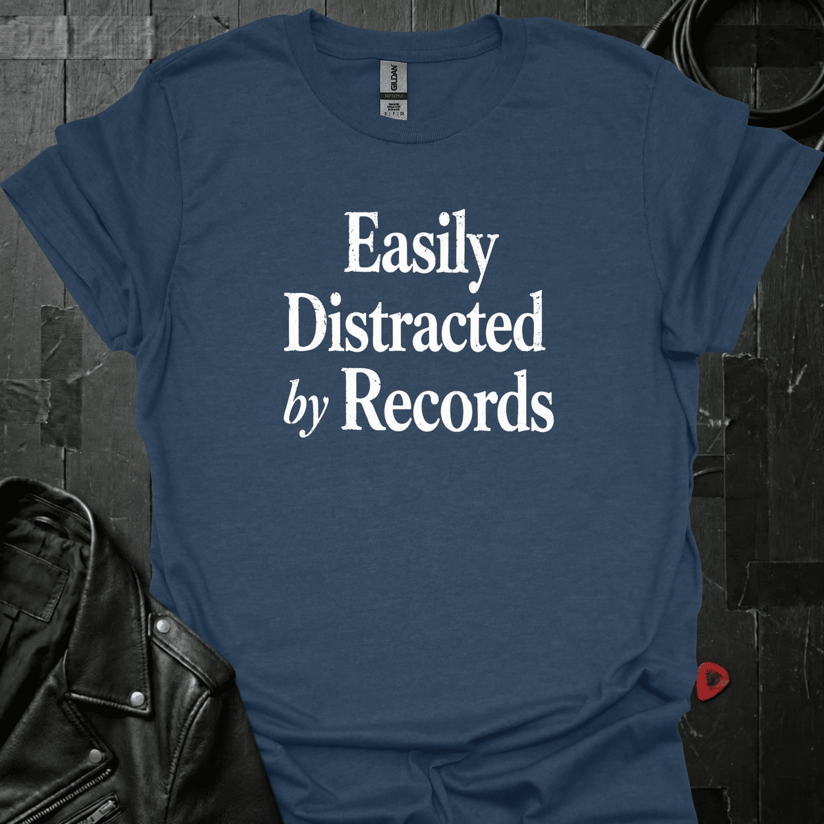 Easily Distracted By Records T-Shirt - Heather Navy - T-Shirt