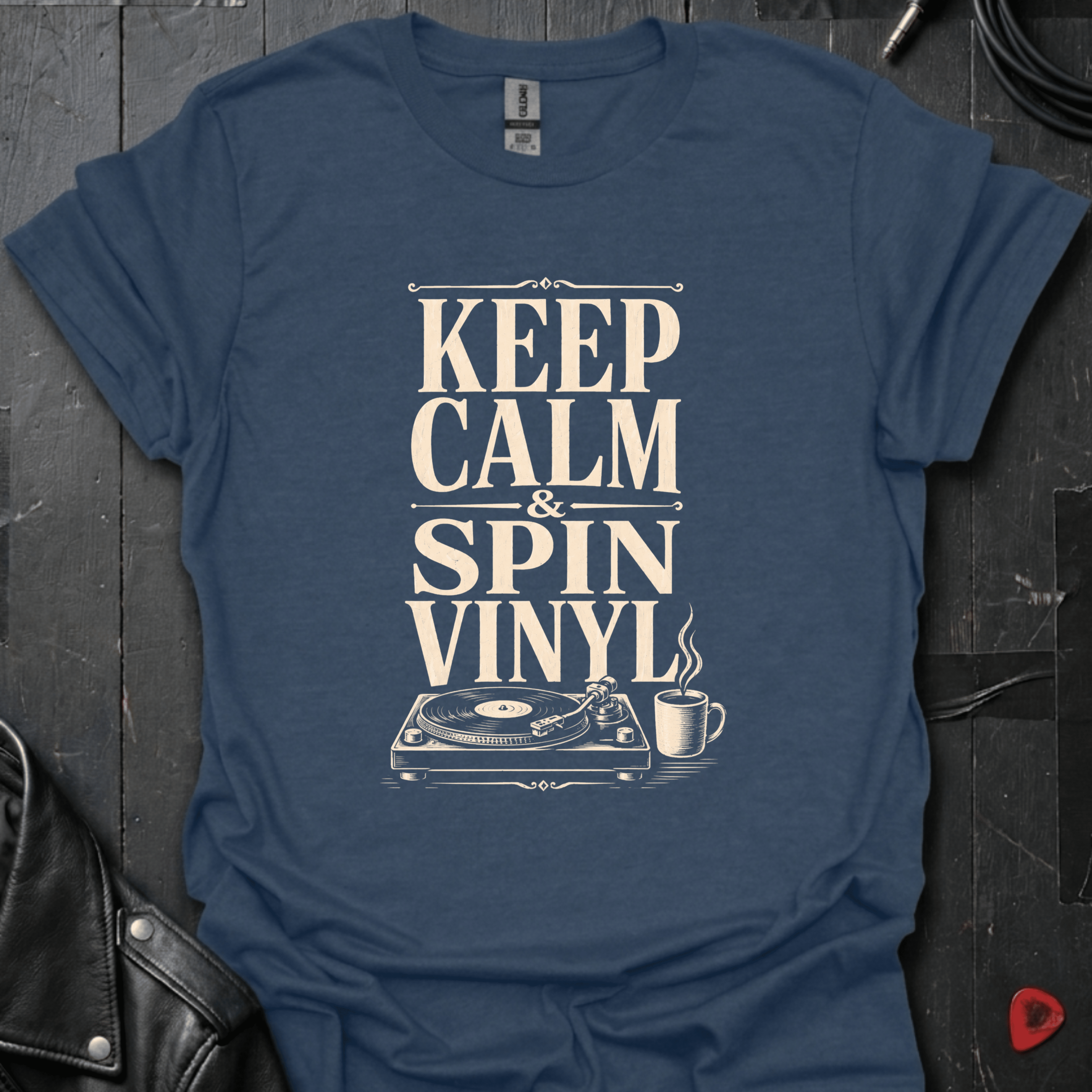 Keep Calm Spin Vinyl T-Shirt - Heather Navy - T-Shirt