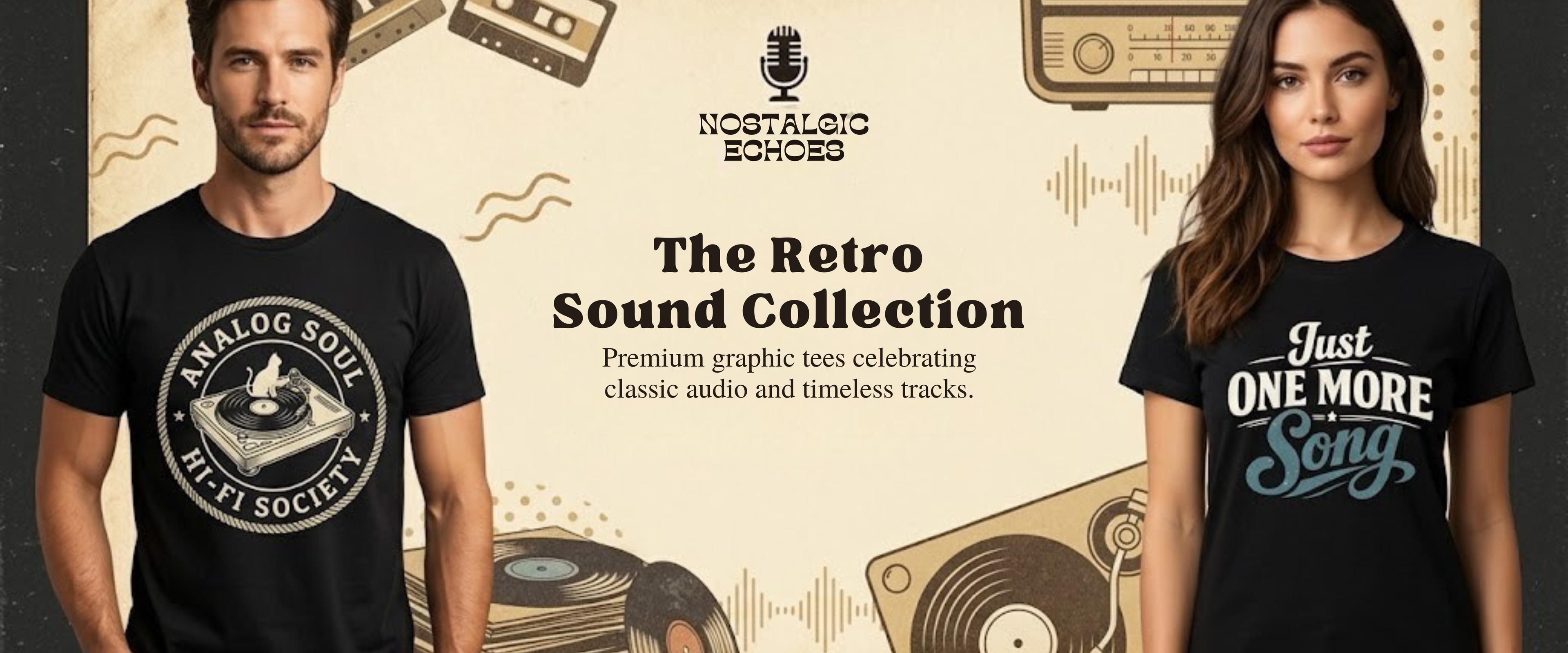 Two people wearing GeloGroove black graphic tees, set against a beige background with audio wave patterns – retro music apparel