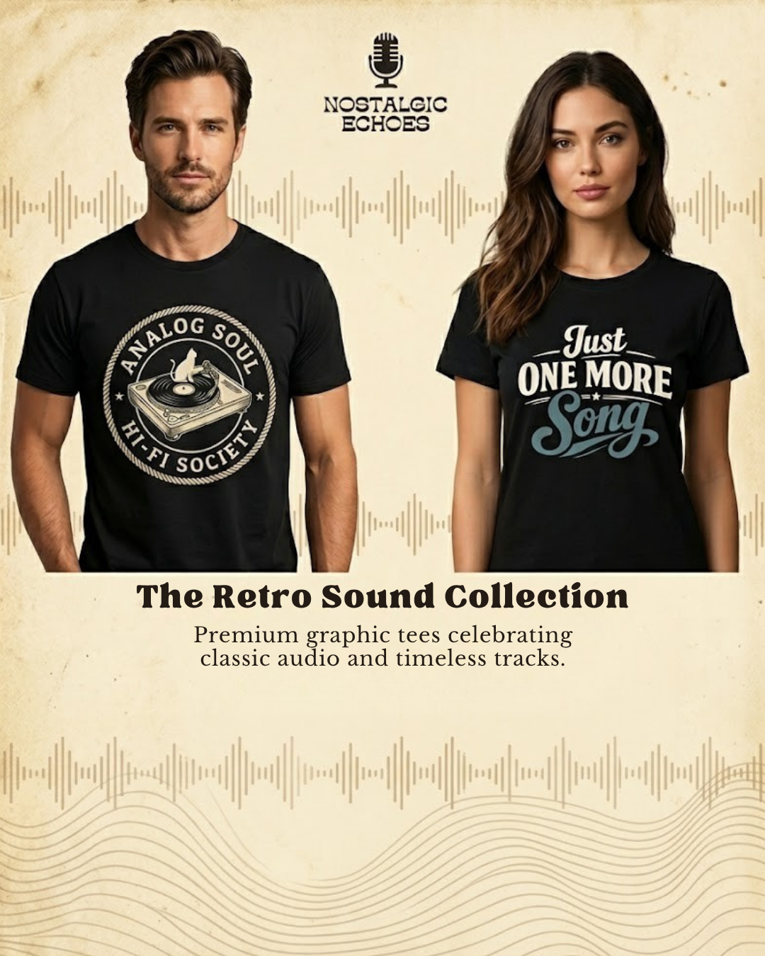Two people wearing GeloGroove black graphic tees, set against a beige background with audio wave patterns – retro music apparel