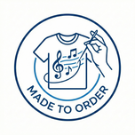 Logo of a t-shirt with musical notes and a hand drawing, with 'Made to Order' text.