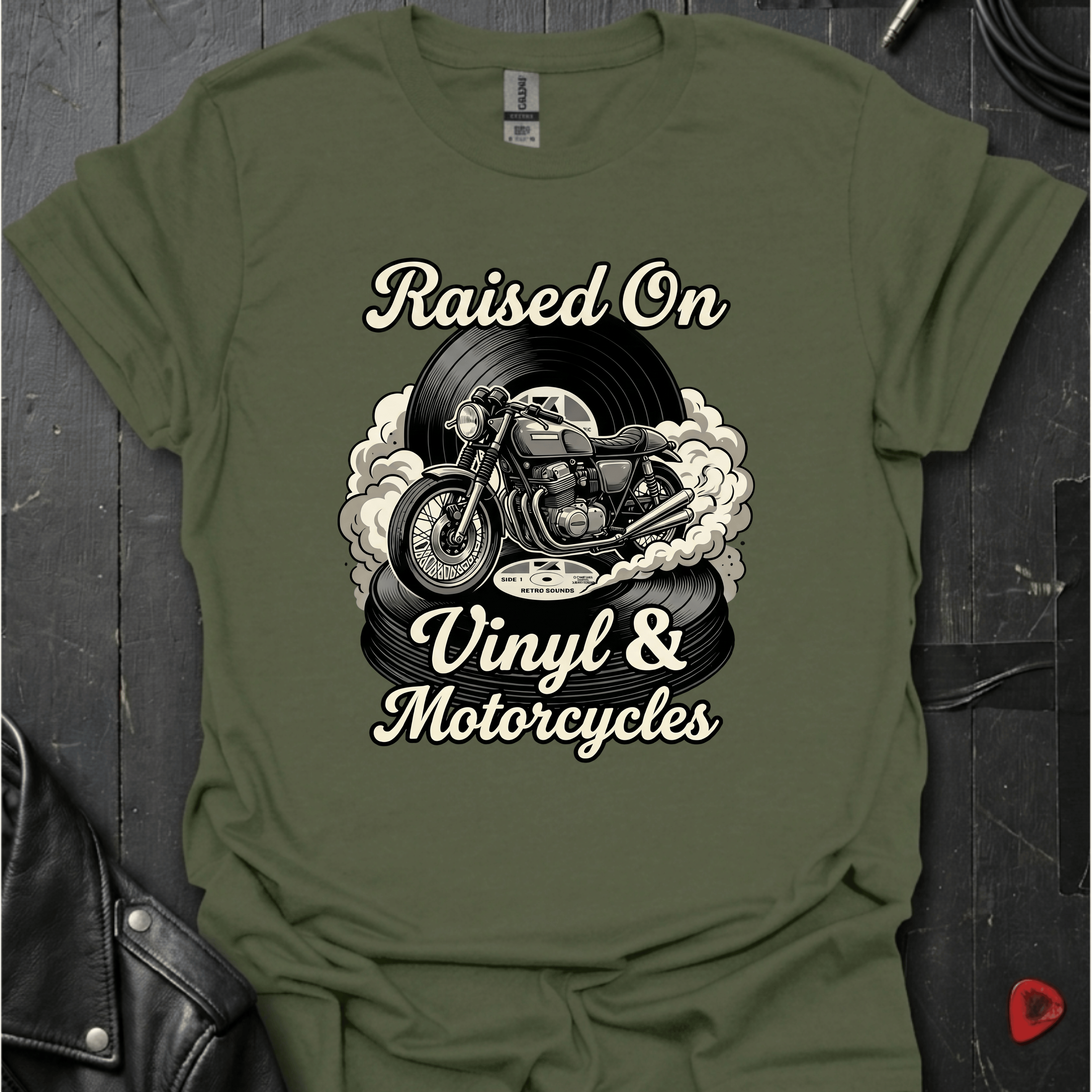 Vinyl & Motorcycles T-Shirt | Vinyl And Biker Music Tee - Military Green - T-Shirt