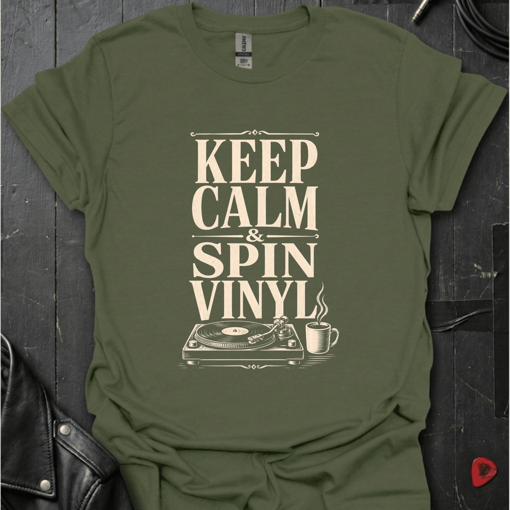 Keep Calm Spin Vinyl T-Shirt - Military Green - T-Shirt