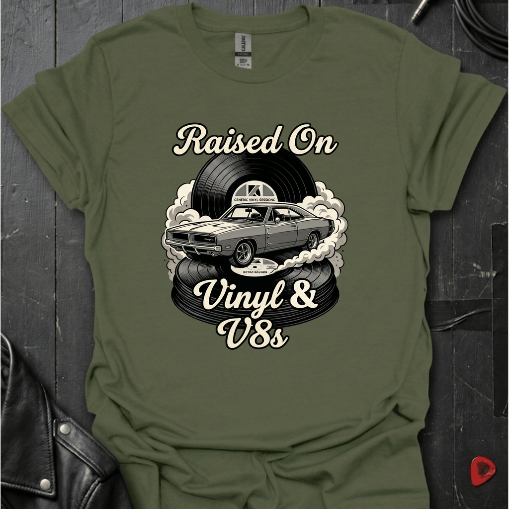 Vinyl And V8s T-Shirt | Classic Car And Vinyl Music Tee - Military Green - T-Shirt