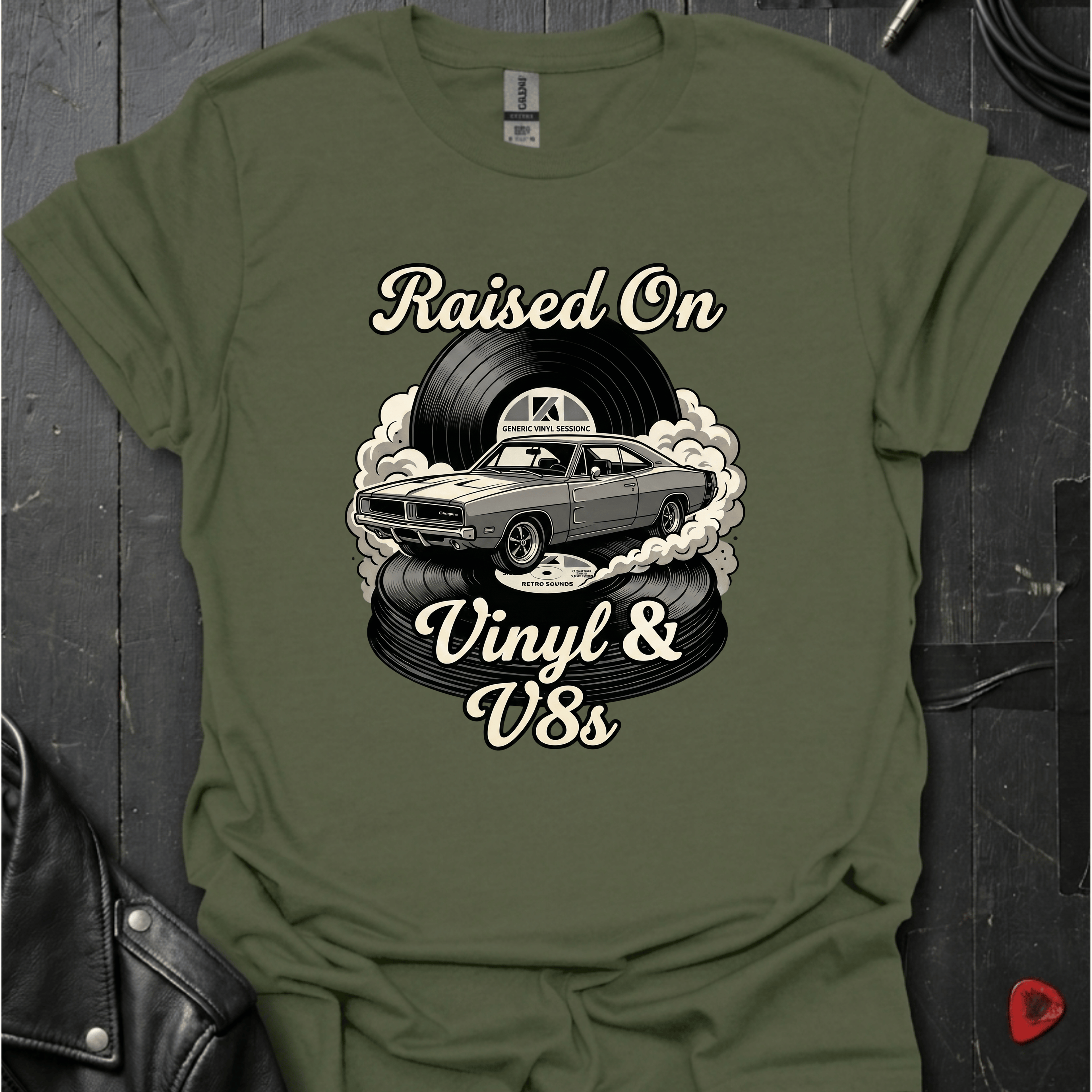 Vinyl And V8s T-Shirt | Classic Car And Vinyl Music Tee - Military Green - T-Shirt