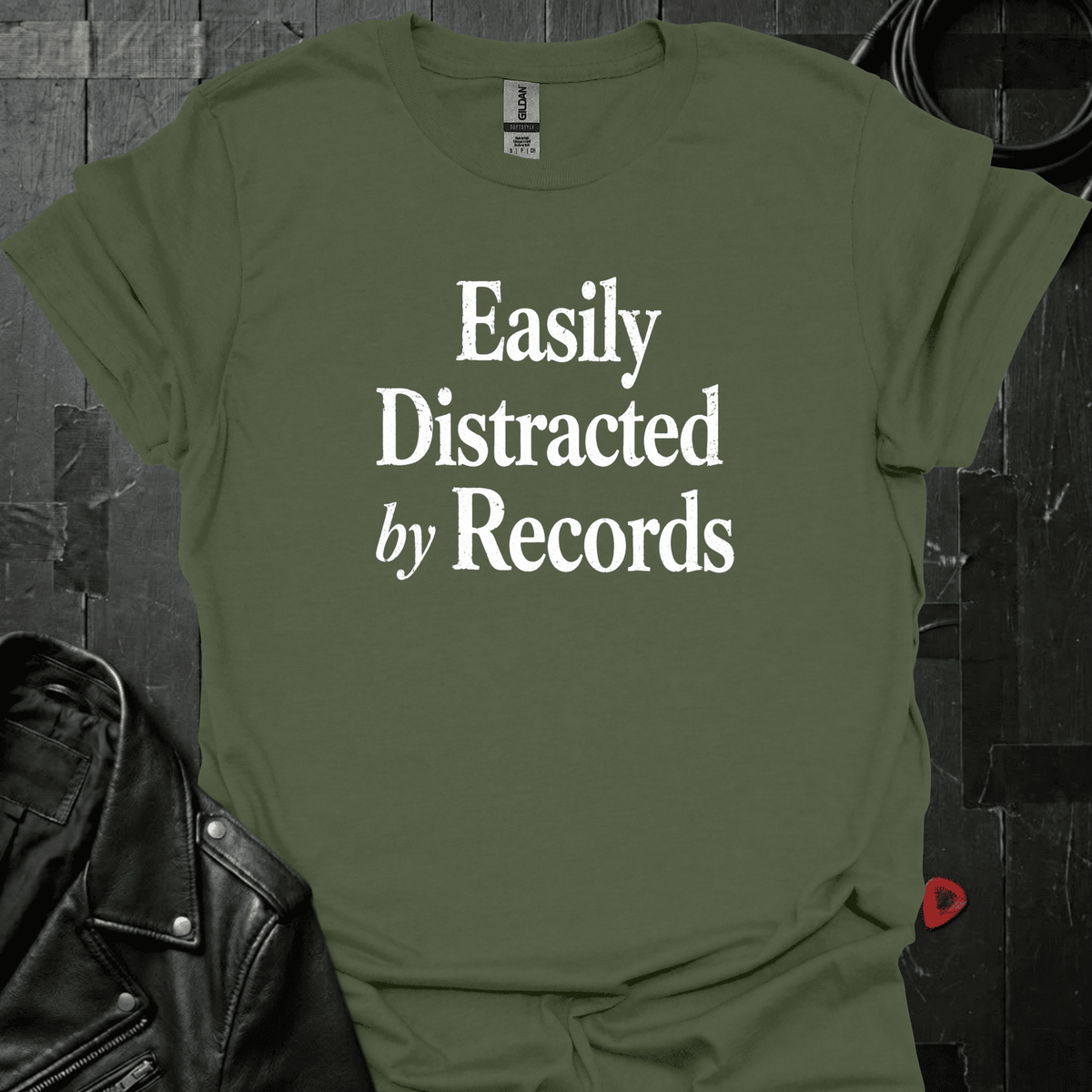 Easily Distracted By Records T-Shirt - Military Green - T-Shirt