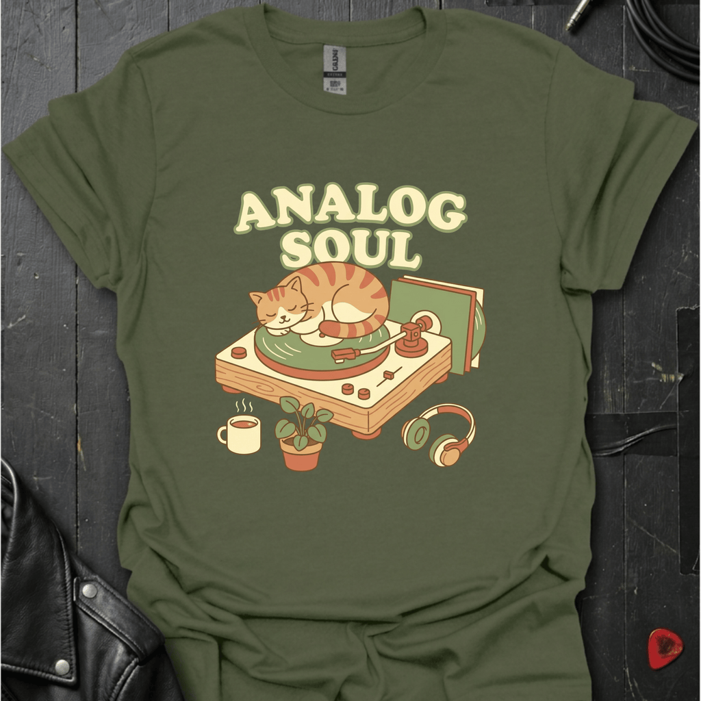 Analog Soul Military Green t-shirt featuring a cat lying on a record player — indie retro music apparel by GeloGroove