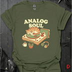 Analog Soul Military Green t-shirt featuring a cat lying on a record player — indie retro music apparel by GeloGroove