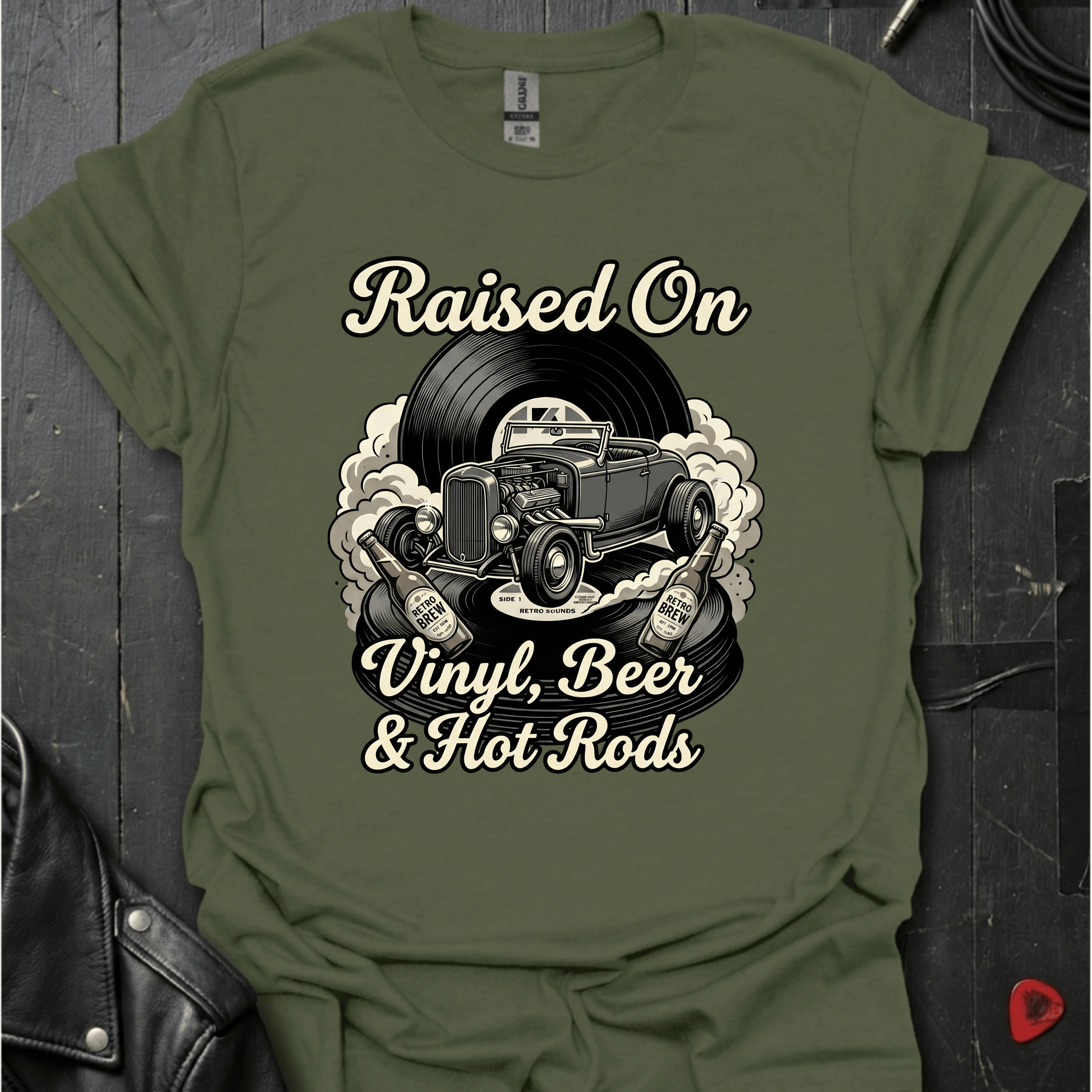 Vinyl & Hot Rods T-Shirt - Military Green - T-Shirt